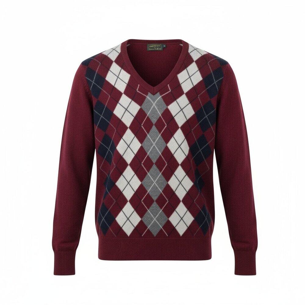 Vintage Homer Reed Argyle Sweater Burgundy Lambswool Size 40 = Medium